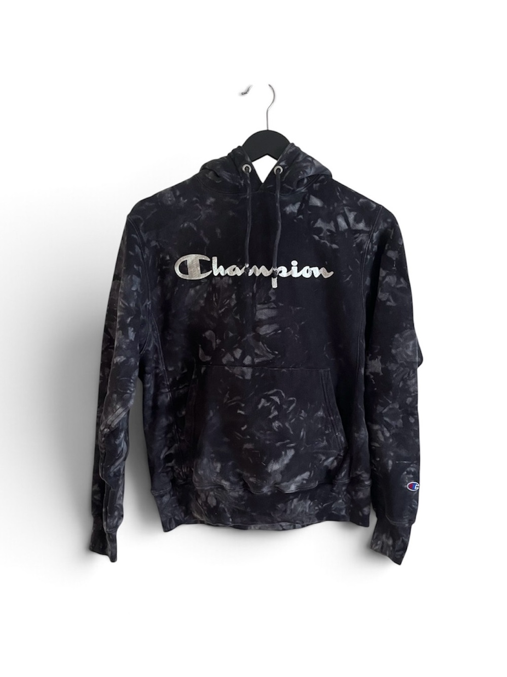 Champion Black Tie-Dye Crewneck Hoodie with White Script Logo